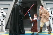 Julian battles Darth: video still from Brave Knight Benefit Video
